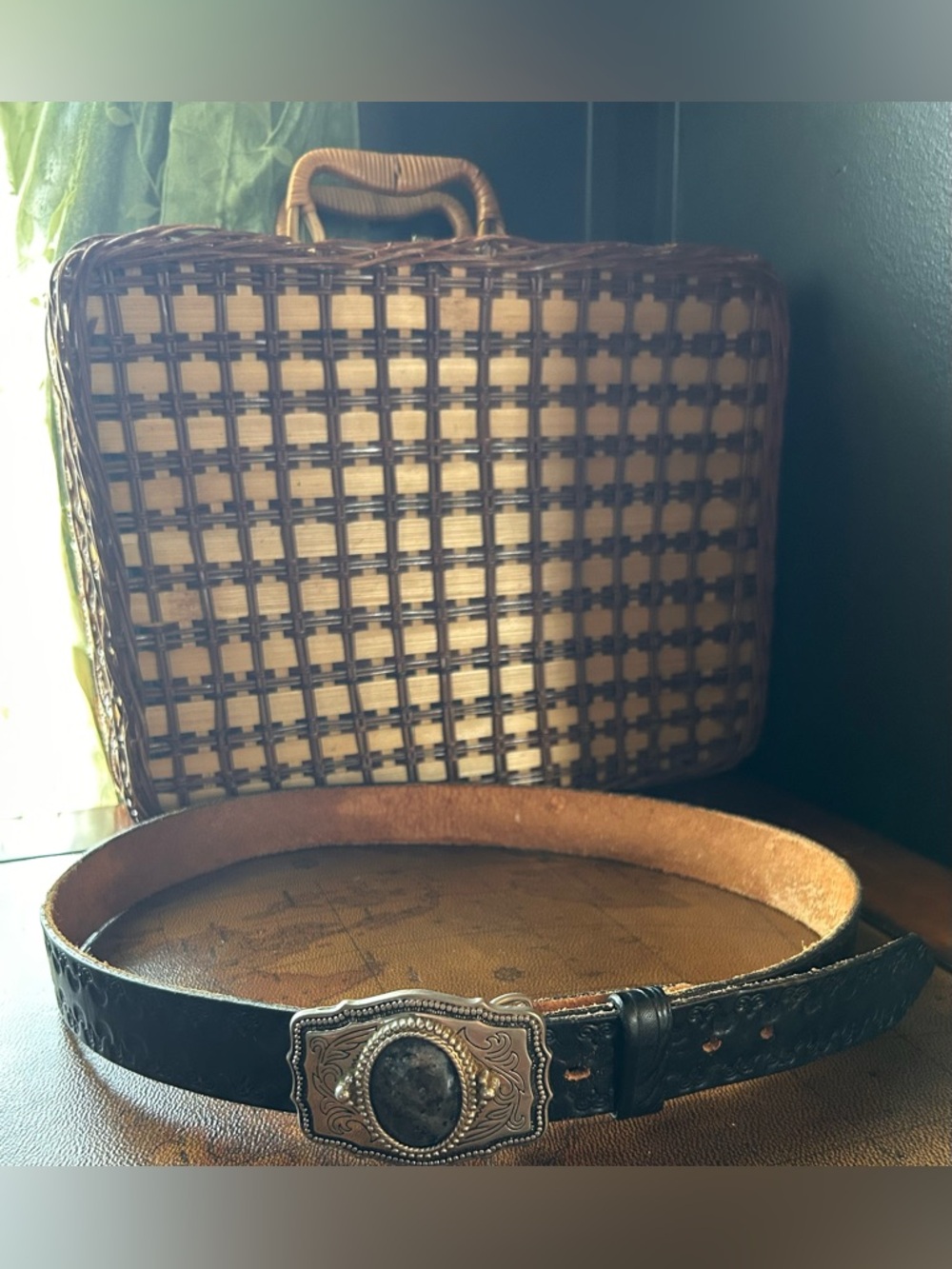 Western Black Leather Stamped Belt - Silver Buckle With Large Labradorite Stone